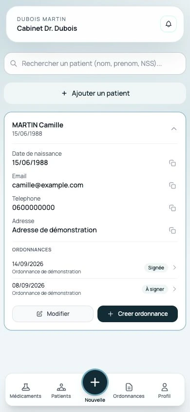 Fiche du patient fictif Camille Martin, avec ses coordonnées, deux ordonnances et le bouton Créer ordonnance.