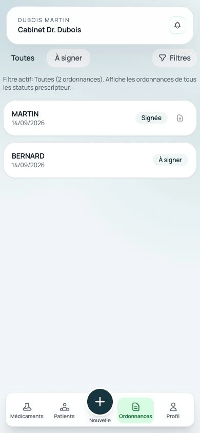 Liste mobile TransCare : deux ordonnances fictives, l’une signée et l’autre à signer.